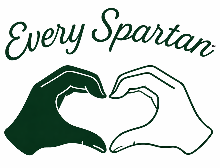 Every Spartan logo with two hands forming a heart in dark green and white