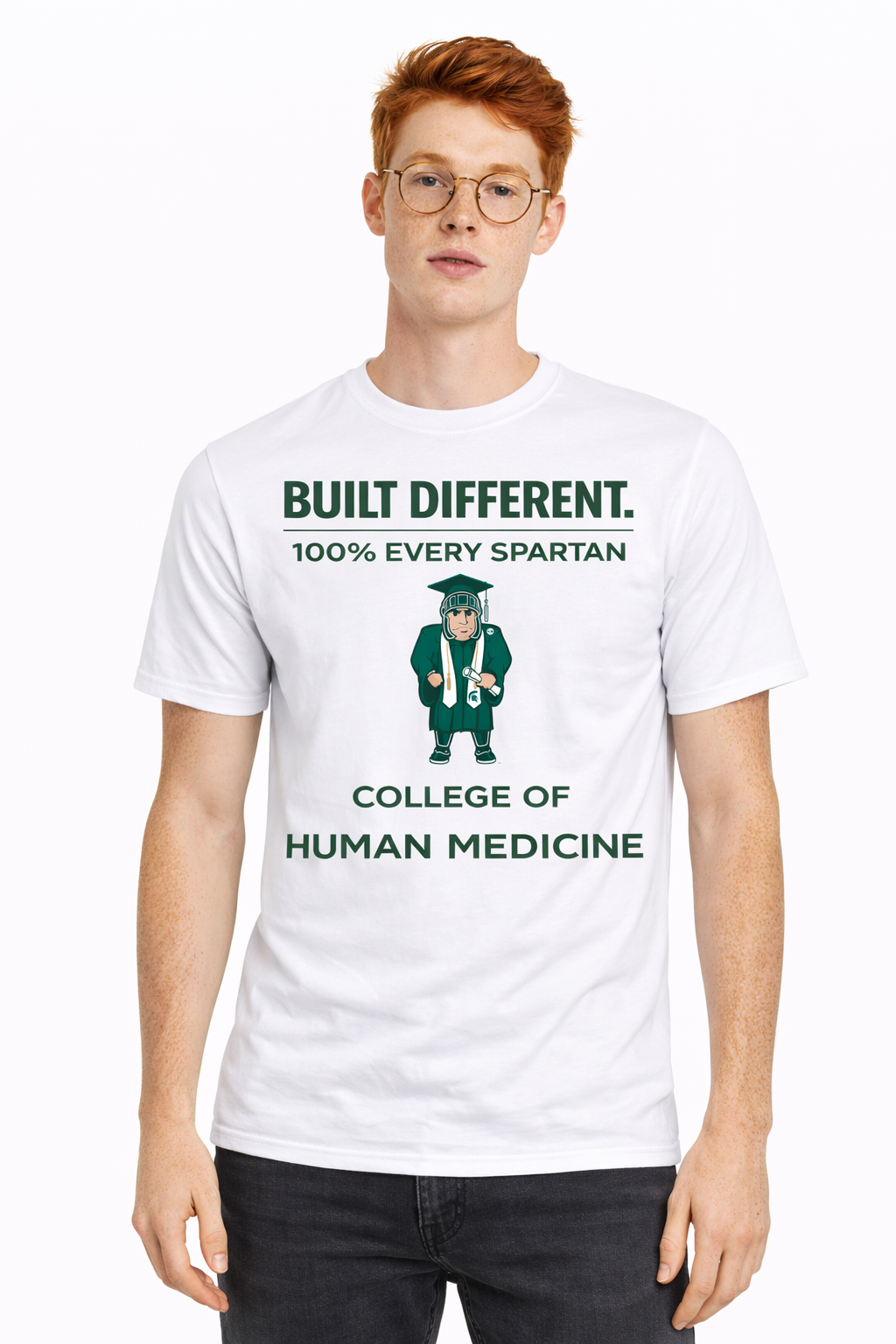 A person wears a white t-shirt featuring a green Spartan mascot and the text