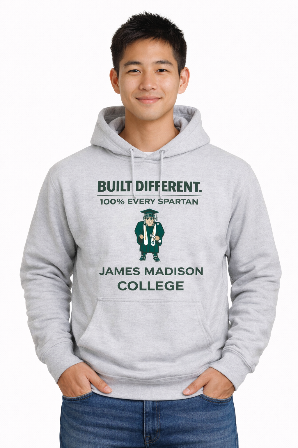 A grey hoodie with text reading 