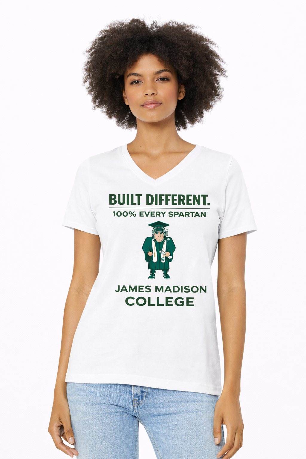 A white V-neck t-shirt featuring