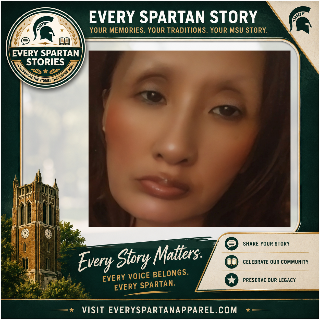 Portrait in green and gold “Every Spartan Story” template with church tower and “Every Story Matters” text