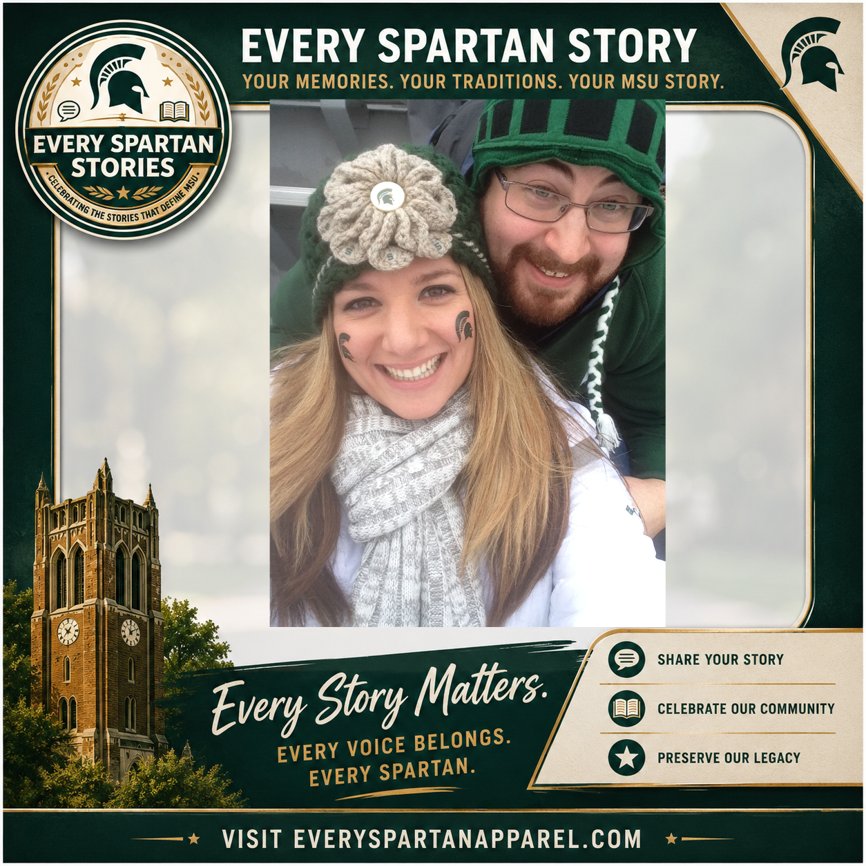 Couple smiling in winter clothes in an Every Spartan Story promotional frame with a campus tower and slogan text