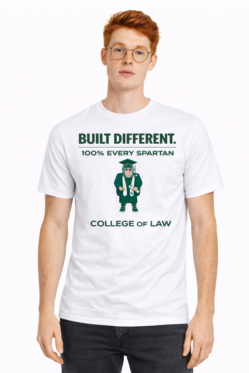 A person wearing a white t-shirt that says