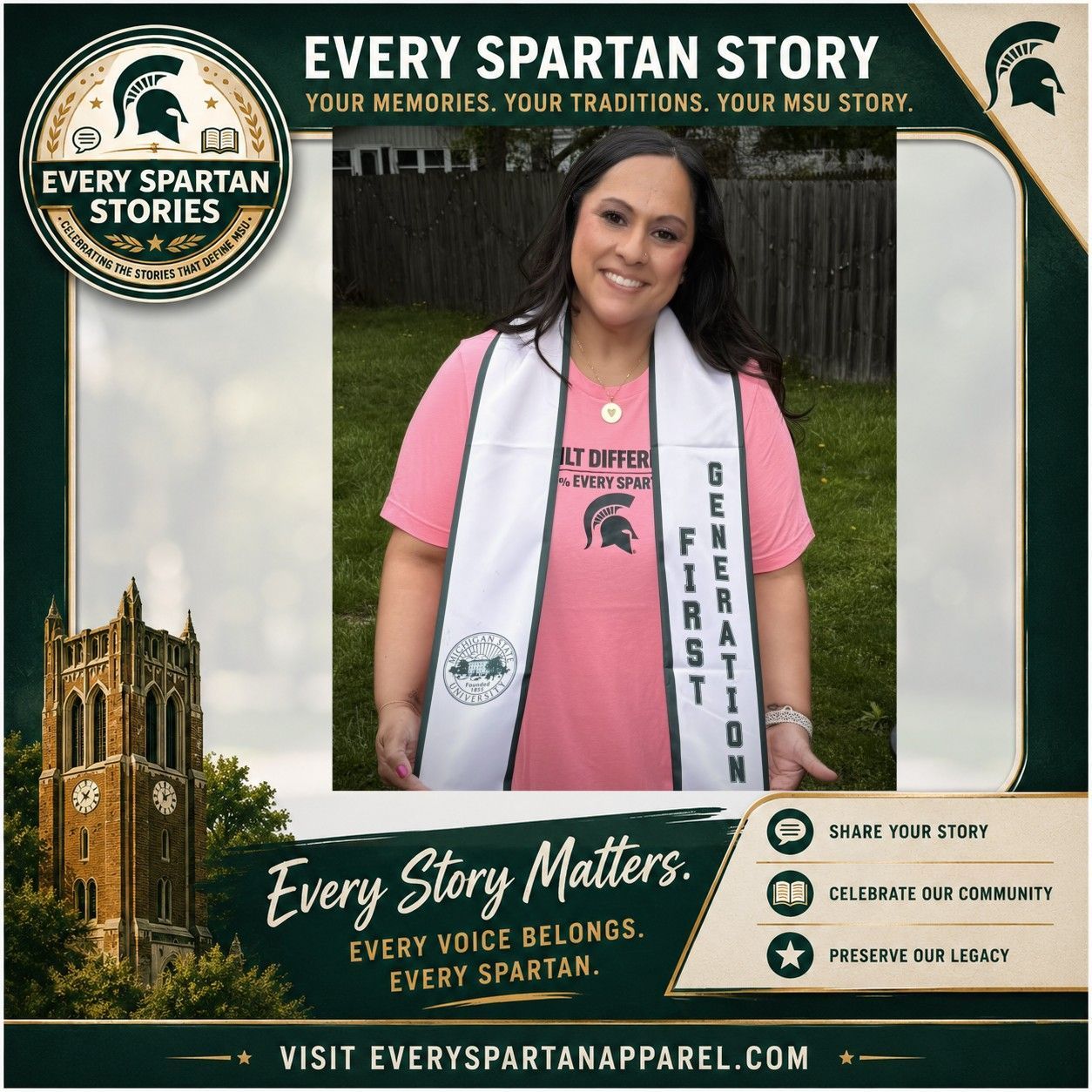 Woman in pink shirt and white stole stands at an Every Spartan Story event banner.