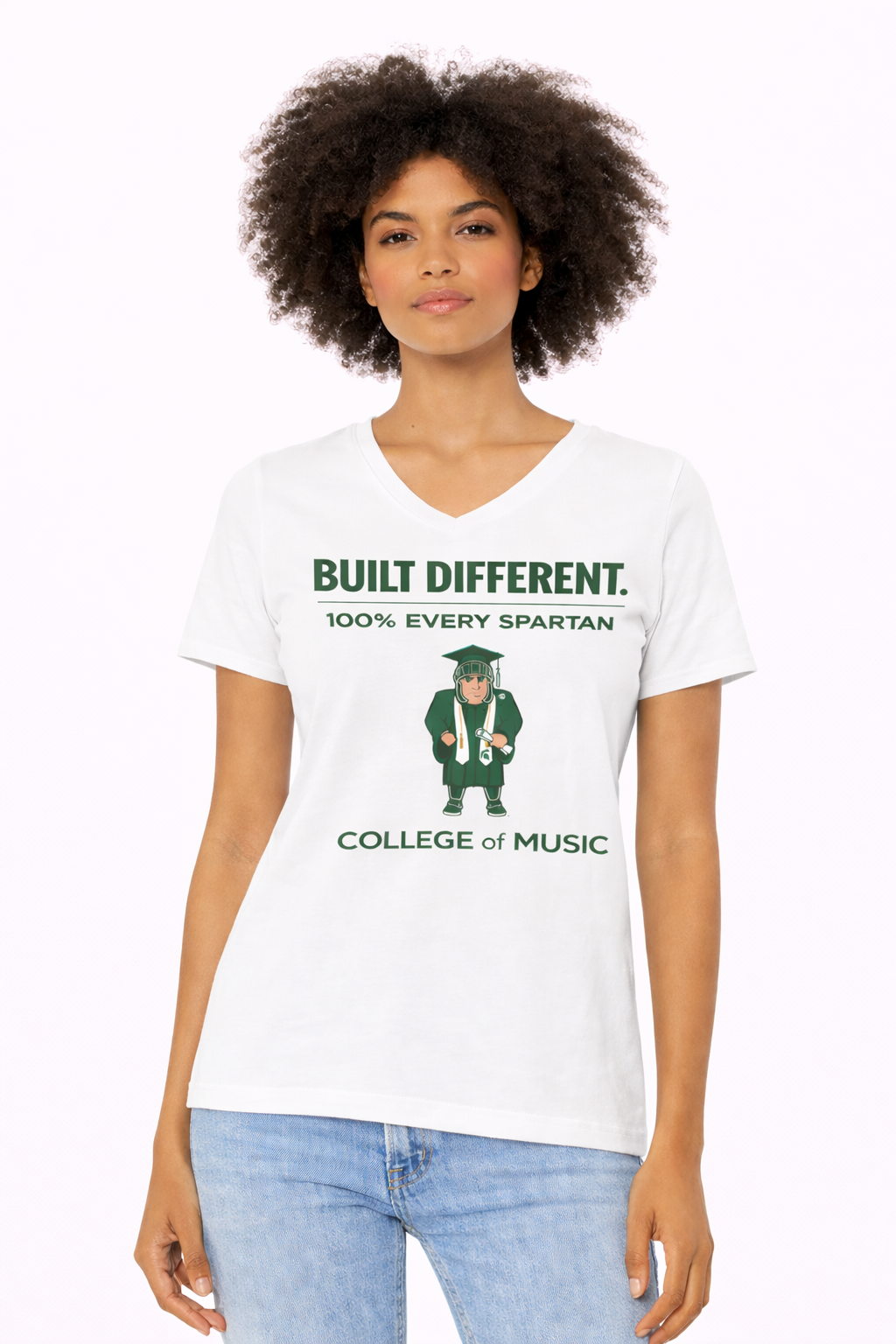 A woman wears a white V-neck t-shirt that says