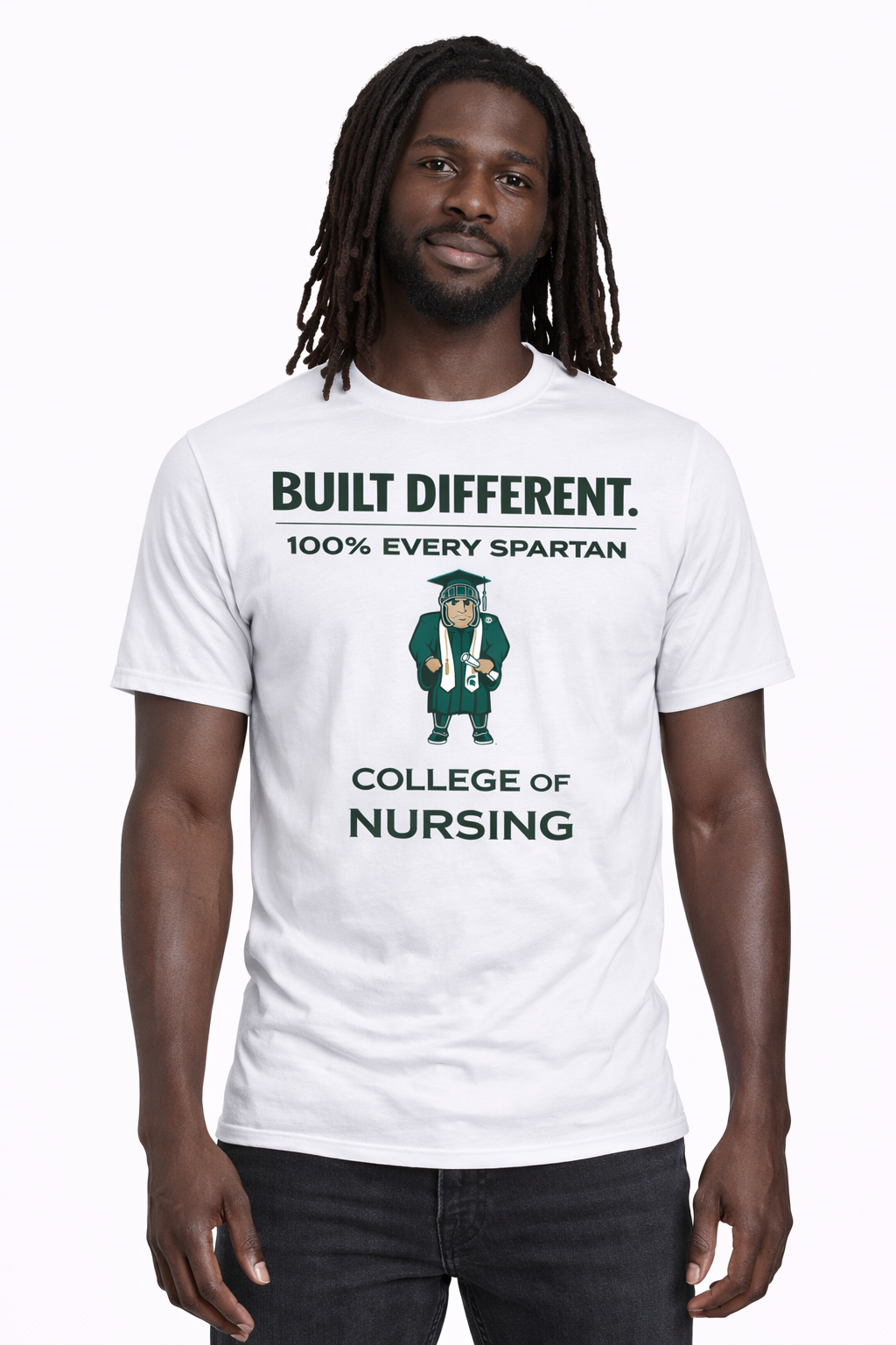 A person wearing a white t-shirt that says