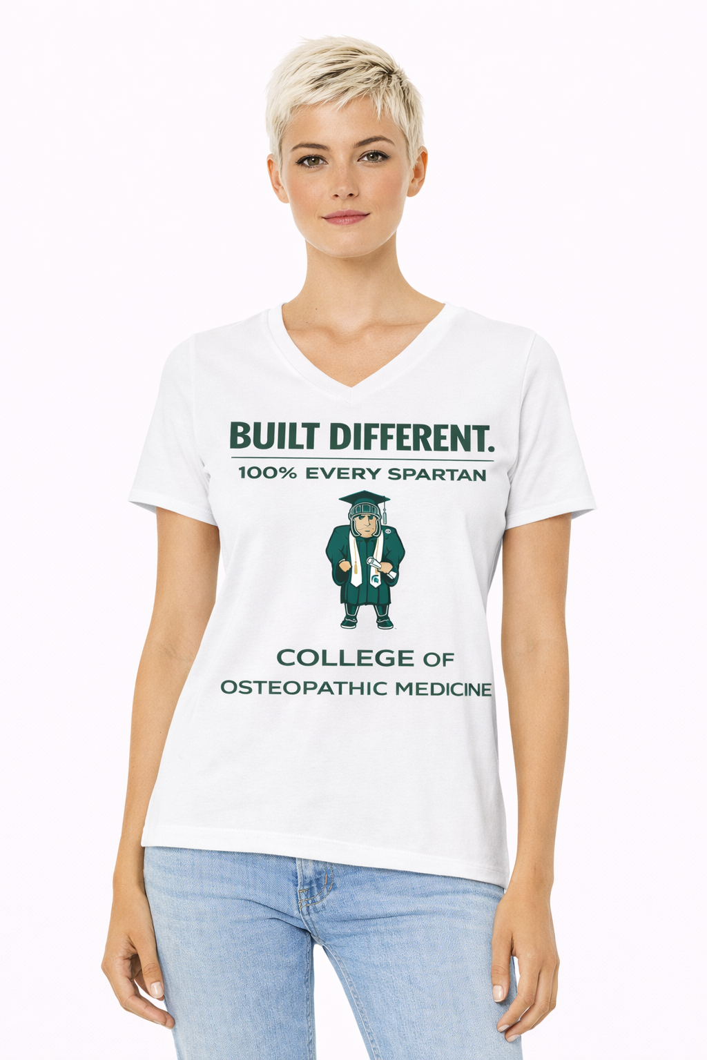 A white v-neck t-shirt featuring the text