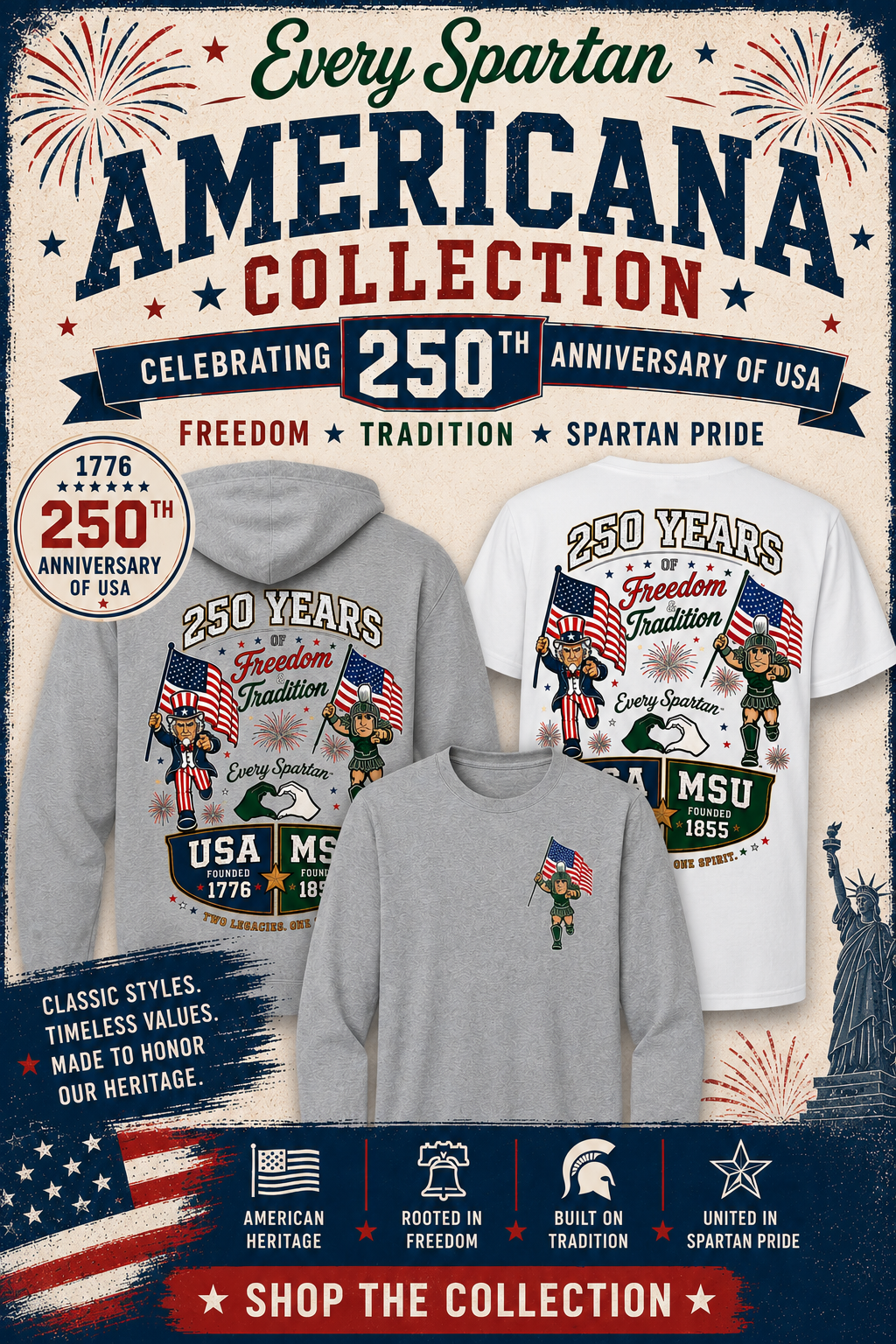 Spartan Americana Collection promo poster with patriotic shirt designs and “Shop the collection” text
