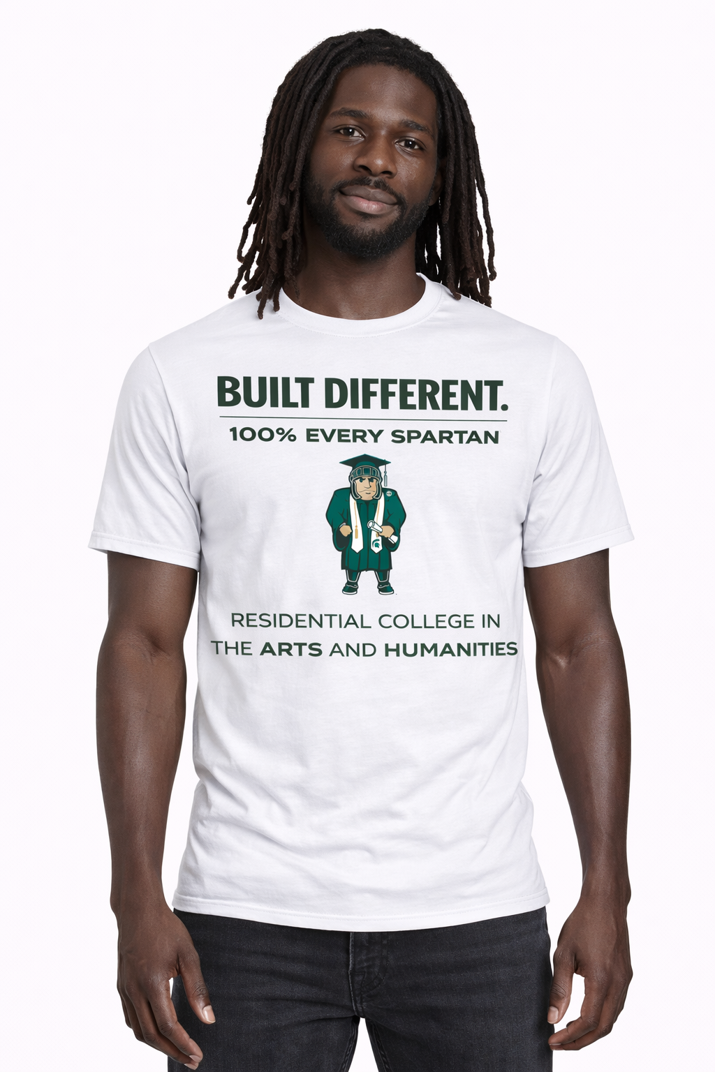 A person wearing a white t-shirt that says