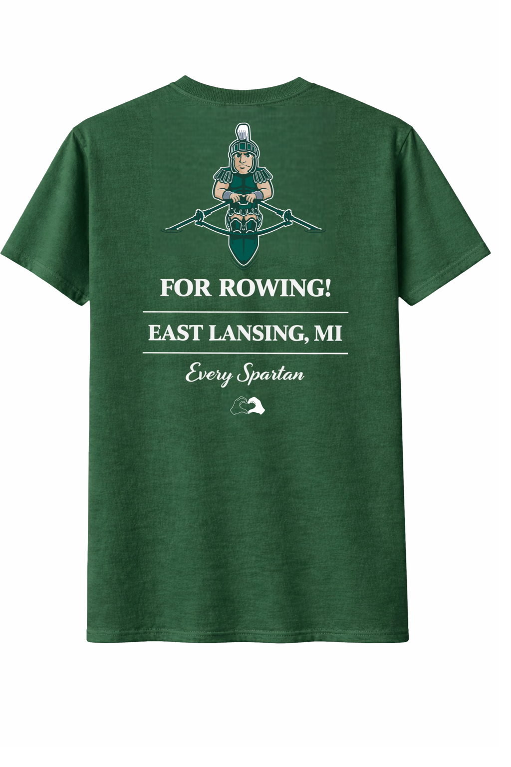 Green T-shirt with Spartan helmet graphic and text “FOR WORKING EAST LANSING, MI” and “Est. 1887”