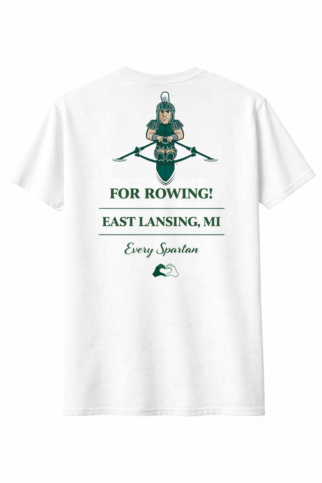 White T-shirt with rowing club logo and text “FOR ROWING! EAST LANSING, MI” and “Eagle Gardens” on the front
