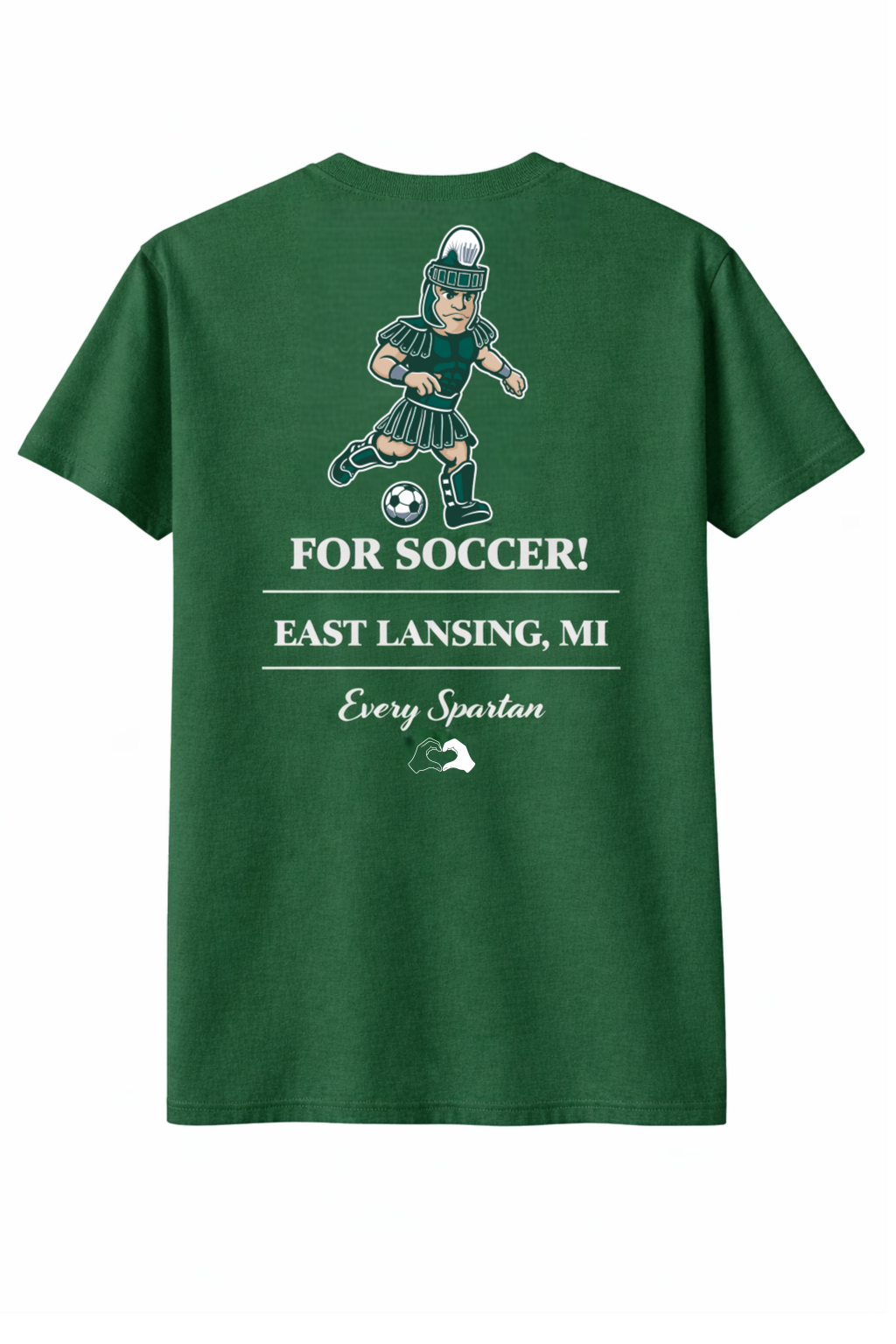 Green T-shirt with a soccer graphic and the text “FOR SOCCER! FAST LEARNING, WI...”