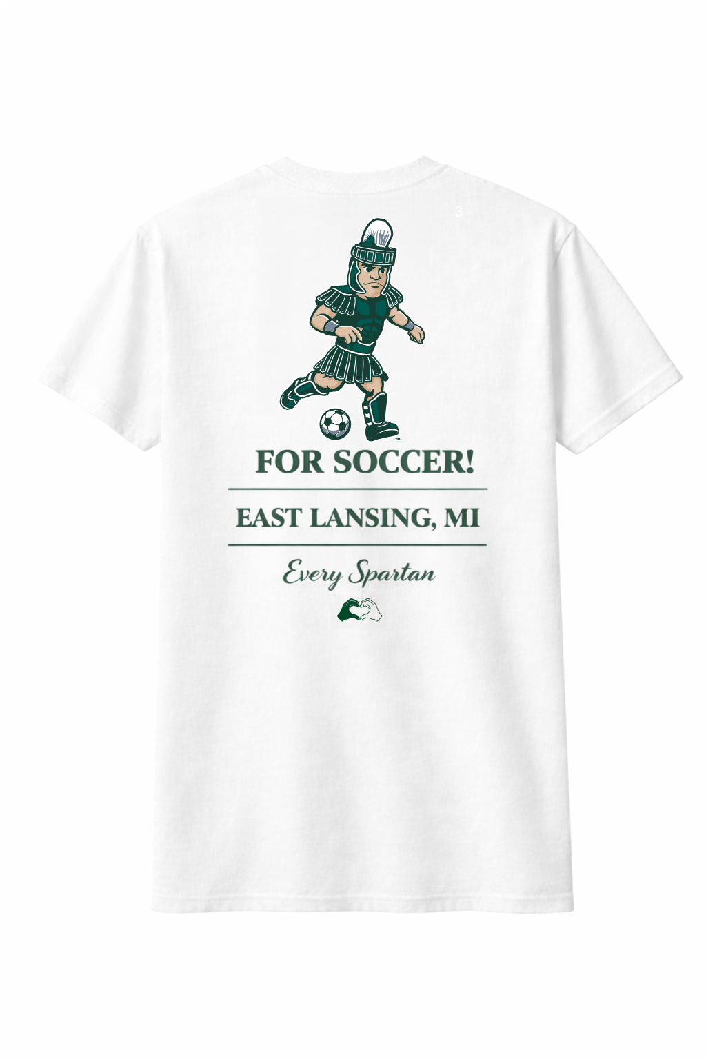 White T-shirt with green soccer graphic and text “FOR SOCCER! EAST LANSING, MI”
