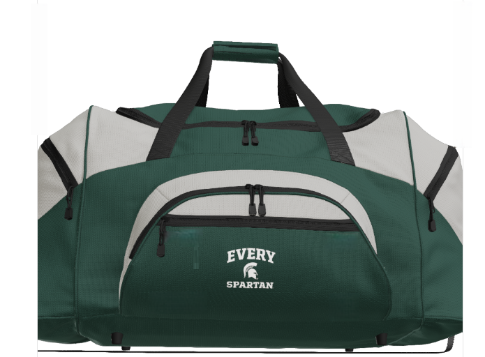 Green and gray duffel bag with shoulder straps and front pocket, branded Every Mountain