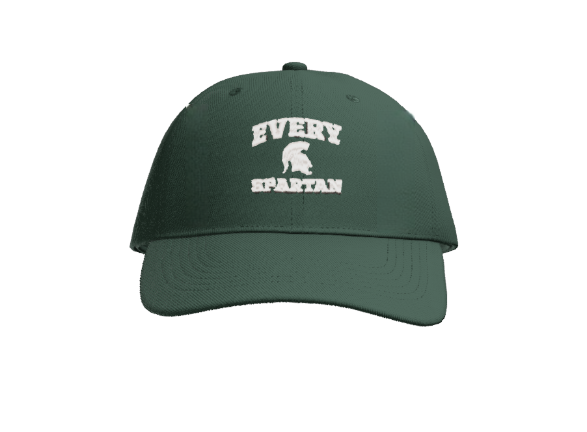 Green baseball cap with white "EVERY SPARTAN" text and Spartan helmet logo.