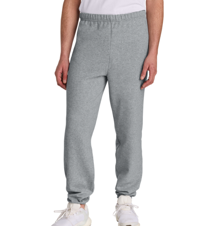 Grey sweatpants with the text