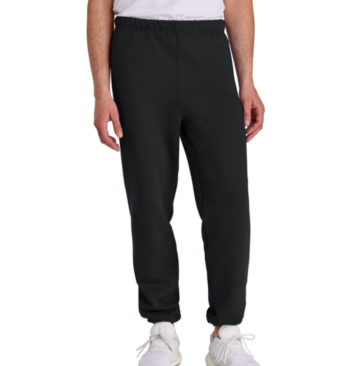 A pair of black sweatpants with a white