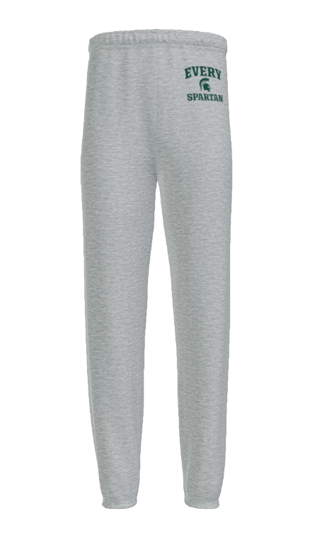 Grey sweatpants with the text