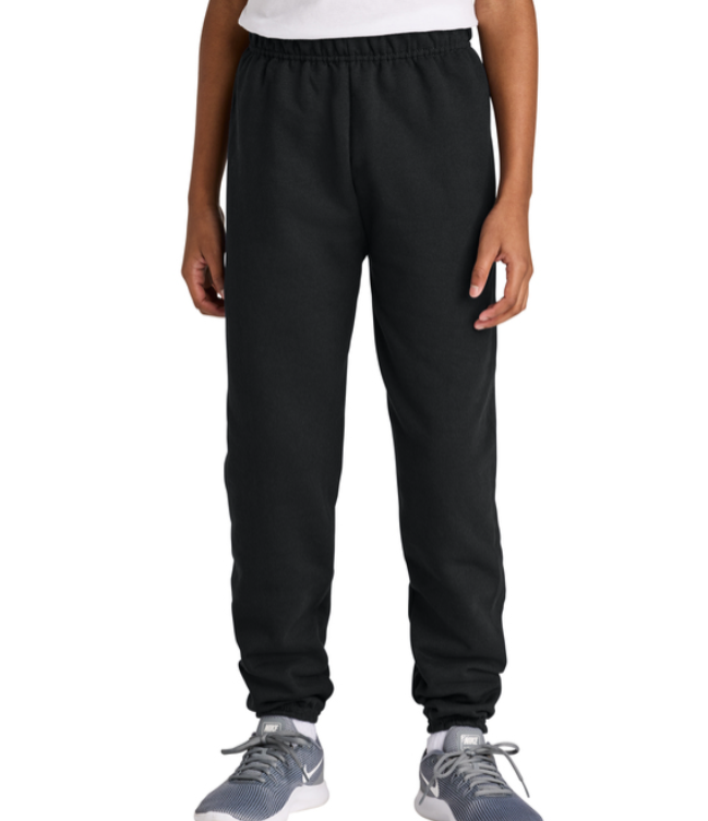 Black sweatpants with an elastic waistband and a small white graphic logo on the upper left thigh.