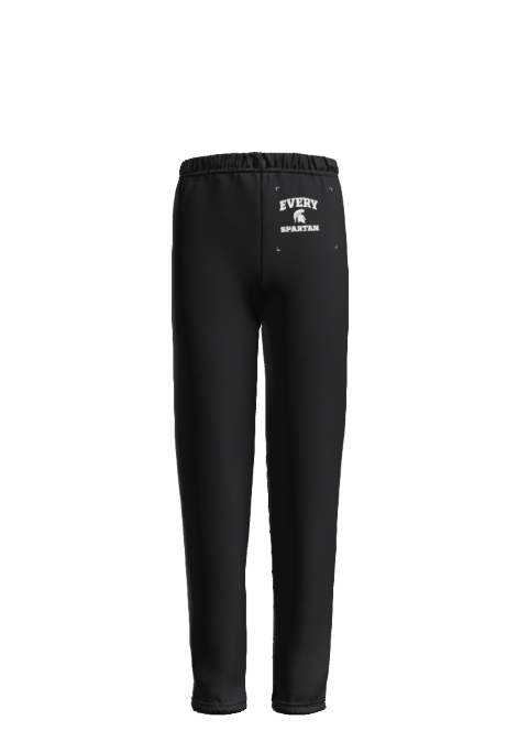 Black sweatpants with an elastic waistband and a small white graphic logo on the upper left thigh.
