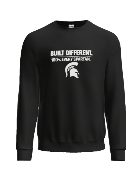 A black crewneck sweatshirt with white text reading 