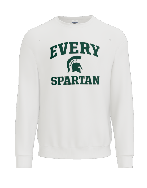 White crewneck sweatshirt featuring 
