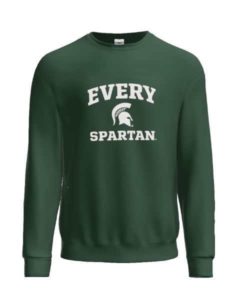 Dark green crewneck sweatshirt featuring white text 