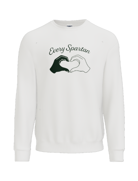 White crewneck sweatshirt featuring 