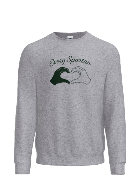 A grey crewneck sweatshirt with the text 