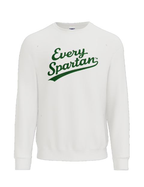A white long-sleeved crewneck sweatshirt with the text 
