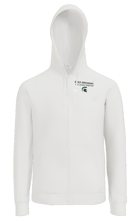 A white, full-zip hooded sweatshirt with a small, dark green Michigan State University Spartan logo on the chest.