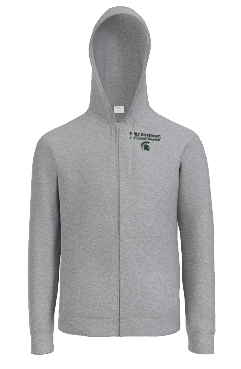 Light gray zip-up hoodie featuring a Michigan State University Spartan logo on the upper left chest.