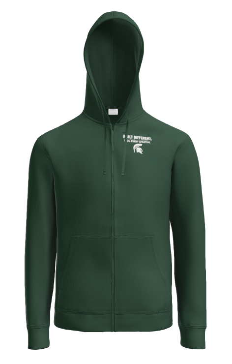 A forest green, full-zip hooded sweatshirt with a small white Spartan logo on the upper left chest.