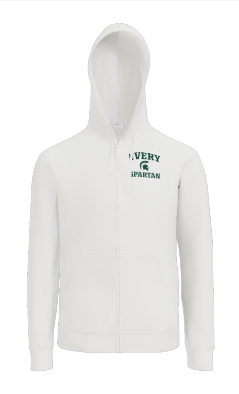 A white, full-zip hooded sweatshirt featuring a green 
