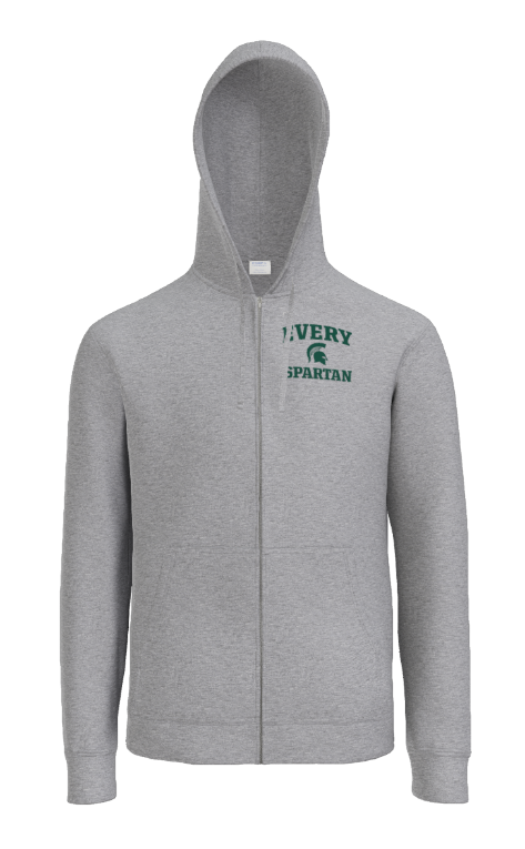 A light gray, long-sleeved zip-up hoodie featuring a green 