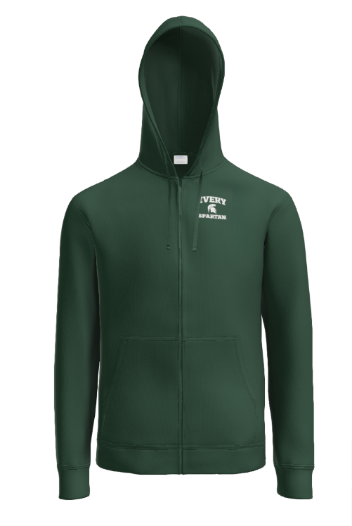 A dark green, full-zip hooded sweatshirt with a white Spartan logo on the upper left chest.