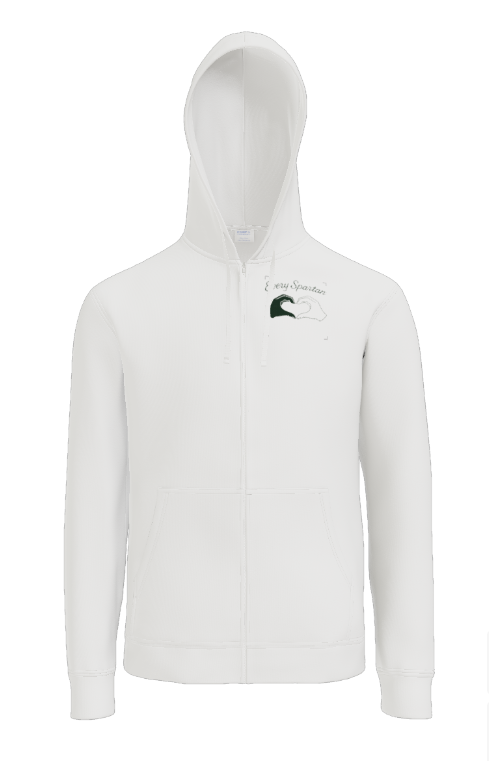 A white, long-sleeved zip-up hoodie with a hood and a small dark graphic logo on the left chest.