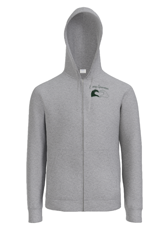 Grey zip-up hoodie with a small heart-shaped wave graphic on the left chest.