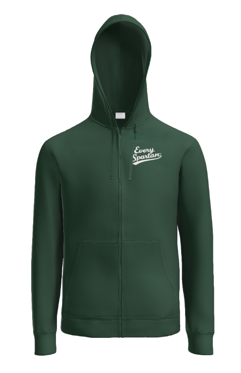A forest green zip-up hoodie with a white 