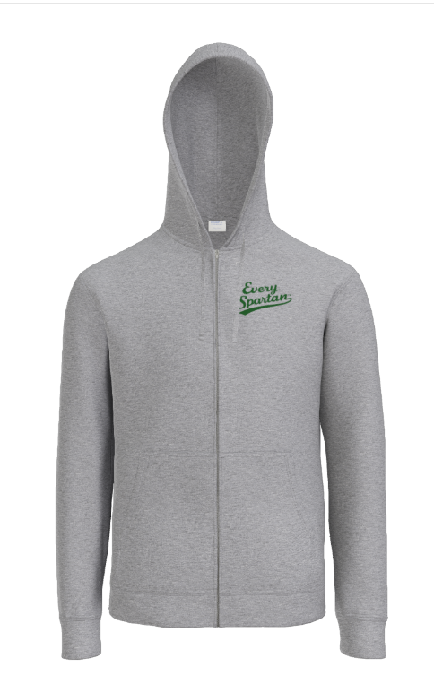 A heather gray, long-sleeved zip-up hoodie with a hood and small green text on the left chest.