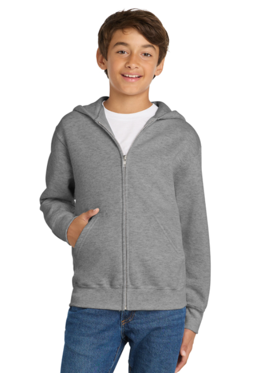 Light gray zip-up hoodie with a small black and green logo on the chest