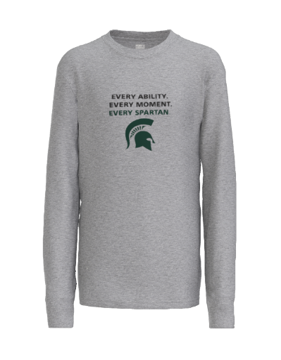 Gray long-sleeve shirt with green text and Spartan helmet logo. Text reads: 