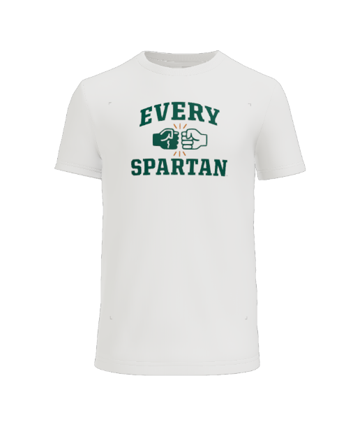 White t-shirt with green text and fists that says 