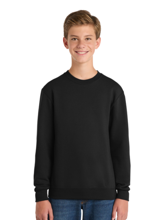A black long-sleeve sweatshirt with white text reading 