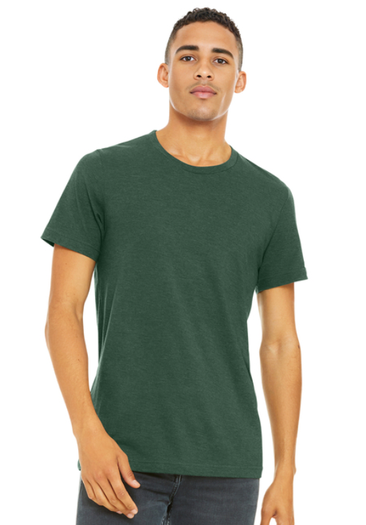 A heather green t-shirt featuring a white Spartan helmet icon and the text 
