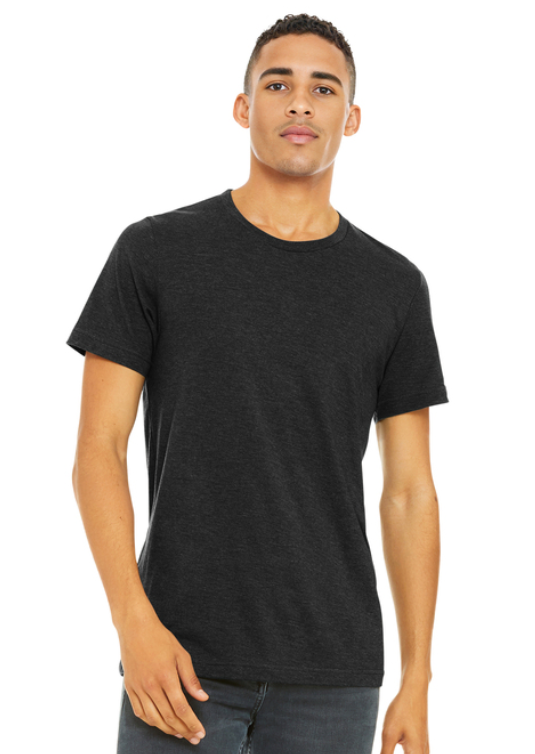 A charcoal gray T-shirt with the white text 