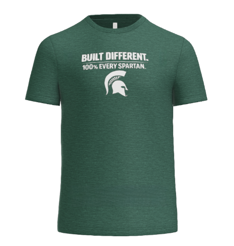 A heather green t-shirt featuring a white Spartan helmet icon and the text 