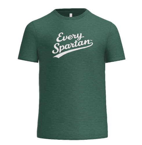 A green, short-sleeved, heathered t-shirt with the white text 
