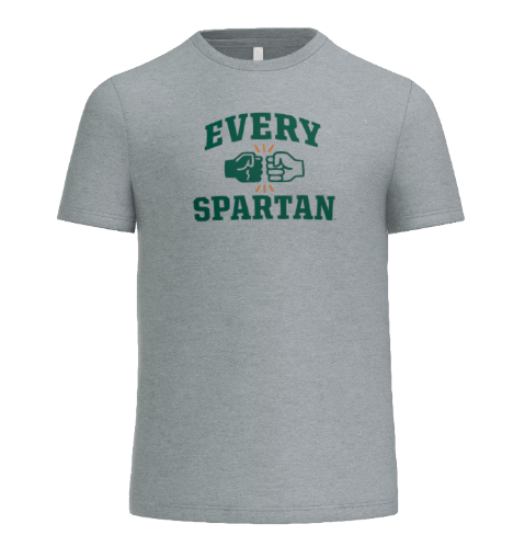 A grey t-shirt featuring the dark green text 