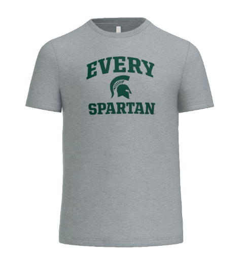 Grey t-shirt featuring the green text 